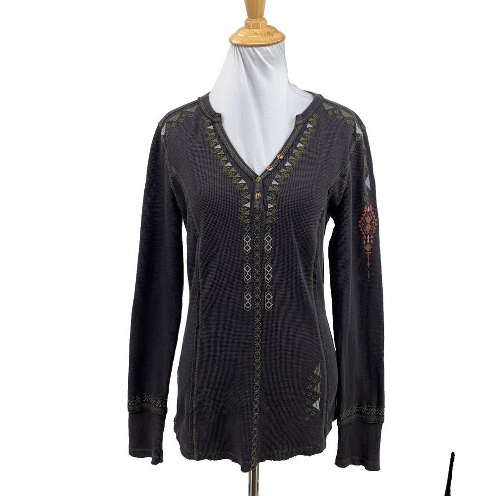 Sundance Top Women Small Graphite Vesper Embroidered Waffle Knit Bohemian Henley